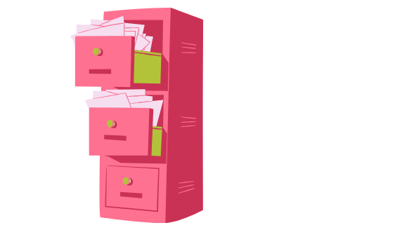 Aktenschrank Rosa Aktenschrank mit drei Schubladen, gefüllt mit Dokumenten.